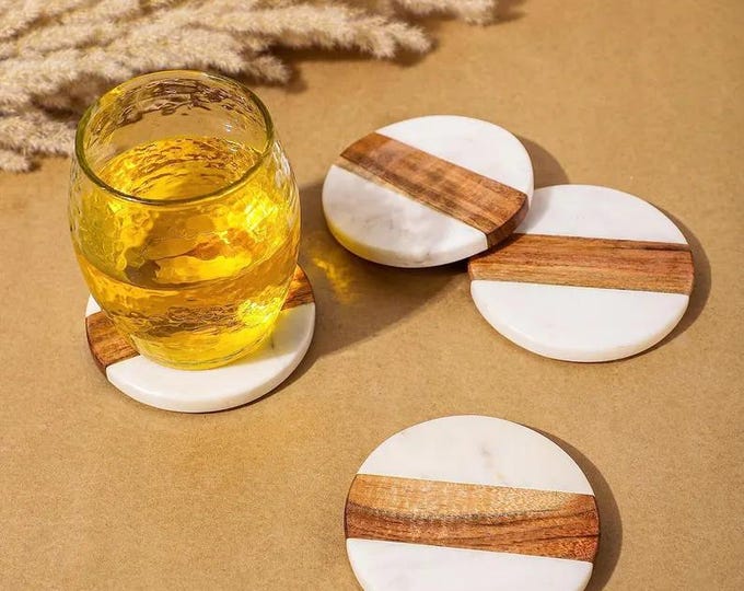 Marble & Wood Round Coasters – Modern Drink Coaster Set