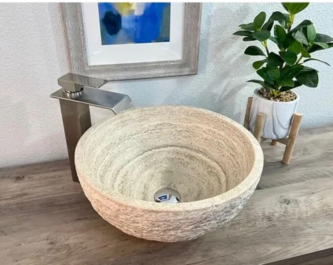 Italian Travertine Stone Sink, Modern Natural Stone Bathroom Vessel Sink