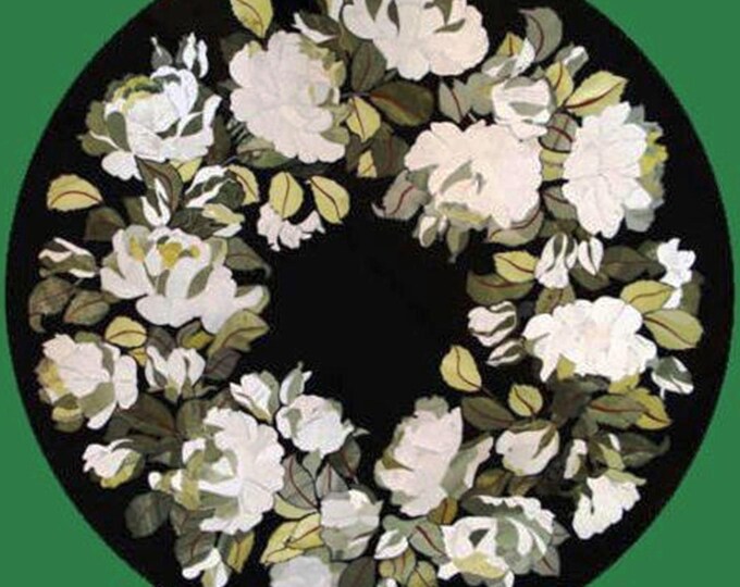 Handcrafted Floral Inlay Wall Art – Round Marble Art Panel with White Flower Design