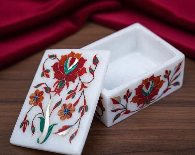 Handmade Marble Floral Inlay Jewelry Box