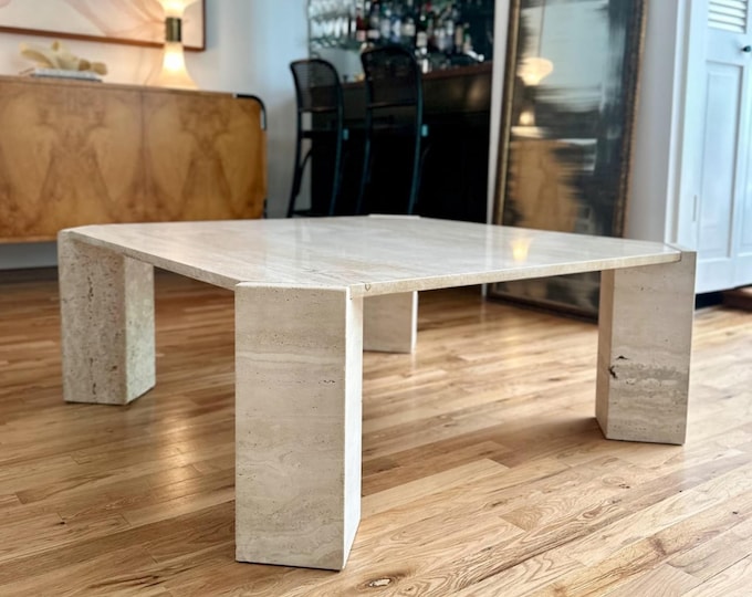 Travertine Triangular Coffee Table - Vintage Marble Accent Table