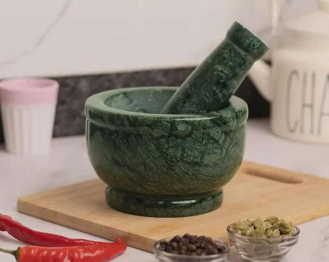 Green Marble Mortar and Pestle | Natural Stone Spice Grinder