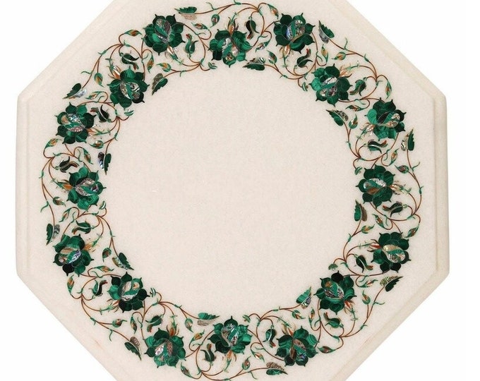 White Marble Octagonal Tabletop with Handcrafted Green Floral Pietra Dura Inlay – Semi-Precious Stone Art