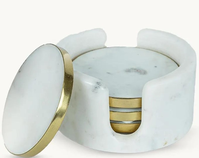 Marble Coasters with Solid Brass Edge and Storage Holder – Elegant Home Gift