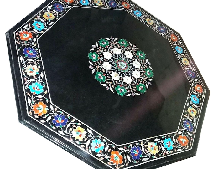 Handmade Octagonal Black Marble Table Top with Colorful Floral Inlay Work