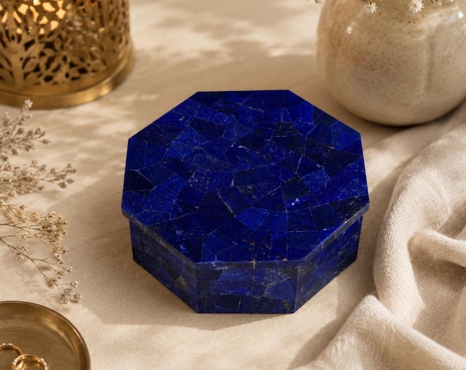 Marble Jewelry Box Lapis Lazuli Semi-precious stones Inlay, Pietra dura Handmade Home Decor