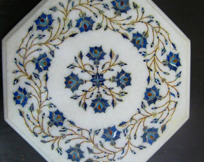 octagonal marble tabletop inlaid with intricate floral patterns 18 x 18