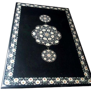Handmade Black Marble Table Top: Lapis Inlay, Pietra Dura Art (30&quot; x 24&quot;)