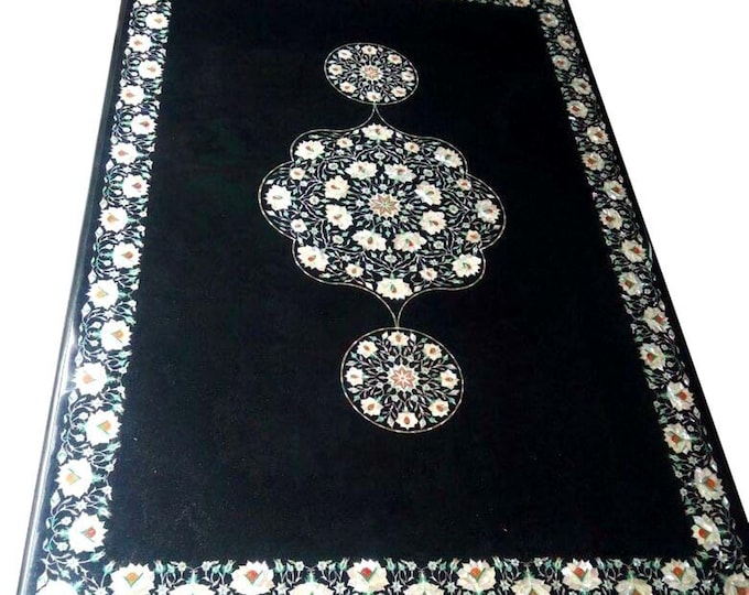 Handmade Black Marble Table Top: Lapis Inlay, Pietra Dura Art (30" x 24")