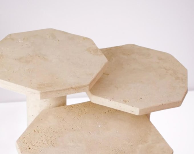 Hexagon Travertine Table, Sculptural Stone Side Table