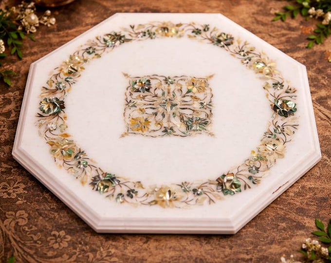 12" Marble Corner Table Top Handicraft Semi Precious Stones Inlay Floral Art Home Decor