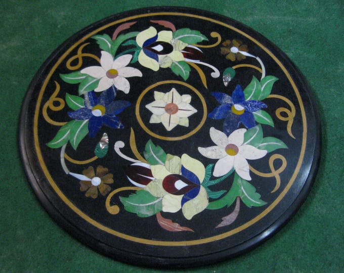 Handmade Pietra Dura Table, Black Round Table Top, Semi precious inlay work, Porch Decor, Coffee Table, Agra Inlay Table, Vintage Table Top
