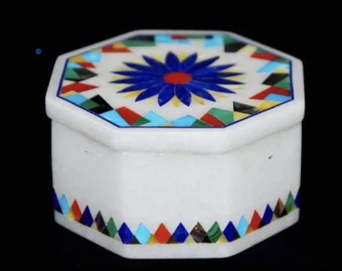 4" x 4" x 2" Marble Jewelry Ring Box Semi Precious Stones Inlay Handmade Home Decor Gifts