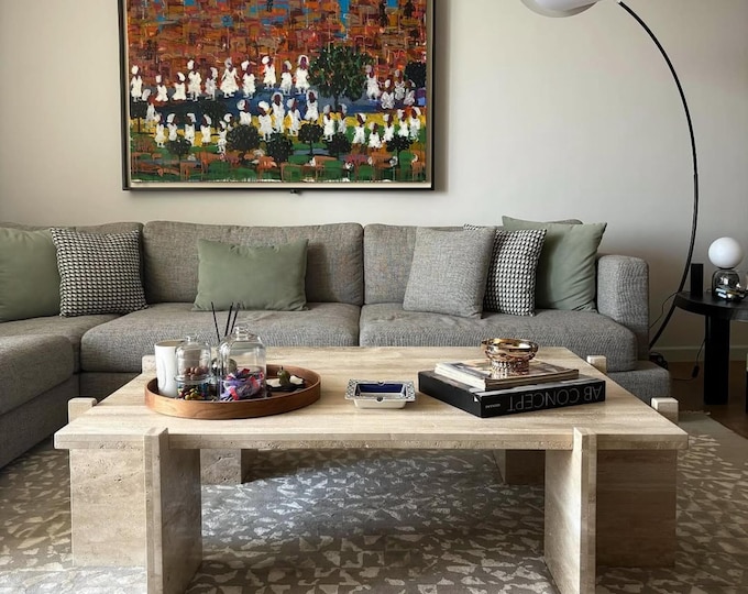 Handmade Travertine Coffee Table – Italian Natural Stone – Rectangular Modern Design with Block Legs