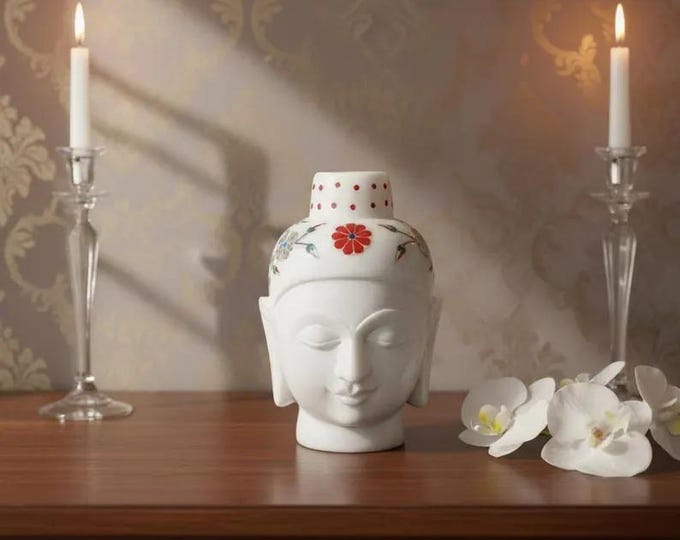 Handcrafted White Marble Buddha Head with Floral Inlay | Peaceful Home Décor & Spiritual Accent