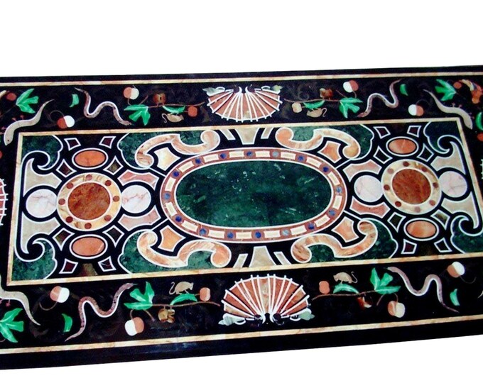 Black Marble Pietra Dura Table Top, Handmade Marble Inlay decor