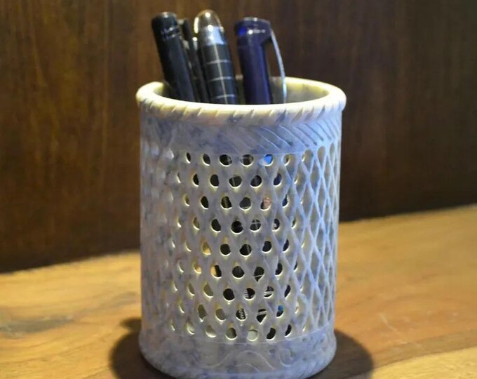 Handcrafted Marble Pen Holder – Carved Stone Desk Organizer Cup