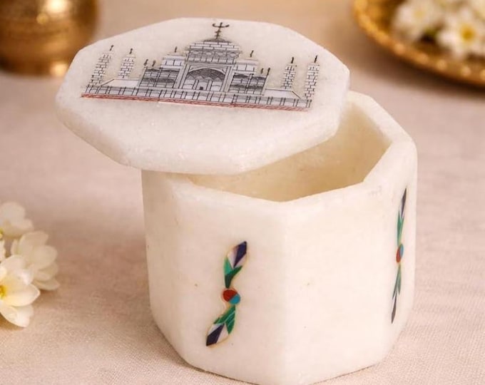 Marble Jewelry Box with Taj Mahal Lid | Handcrafted Stone Trinket Box