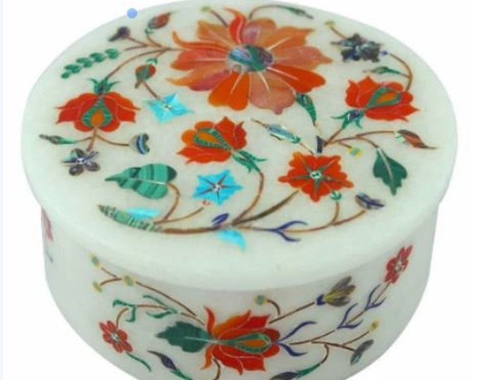 4" x 4" x 2" Marble Jewelry Ring Box Pietra dura Inlay Handmade semi precious stones Works