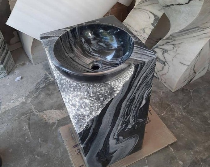 Handcrafted Black Marble Pedestal Sink Modern Luxury Bathroom Vanity (18x18x33)