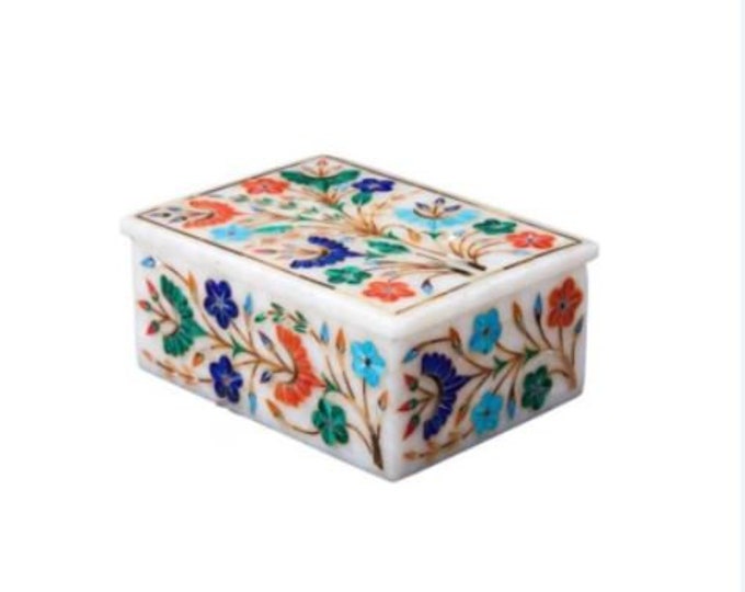 Marble Jewelry Box Multi Color Semi Precious Stone Handmade Pietra Dura Art