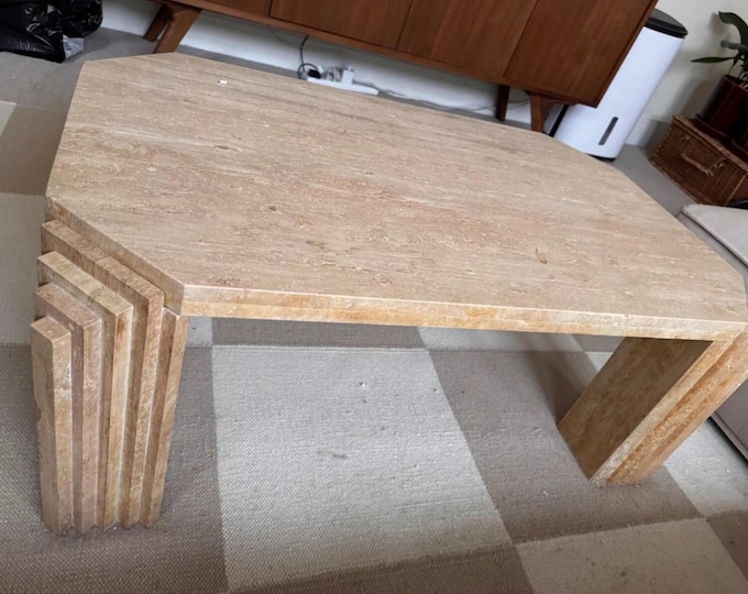 Handcrafted Travertine Coffee Table – Geometric Step-Leg Design