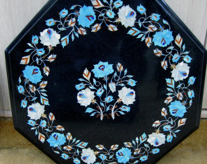Black Marble Coffee Table Top: Handmade Turquoise Floral Inlay