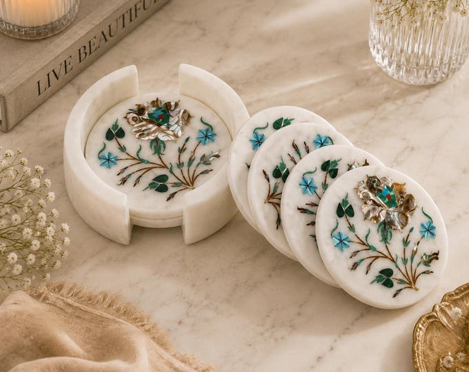 Handmade Marble Coaster Set with Floral Inlay | Luxury Table Décor