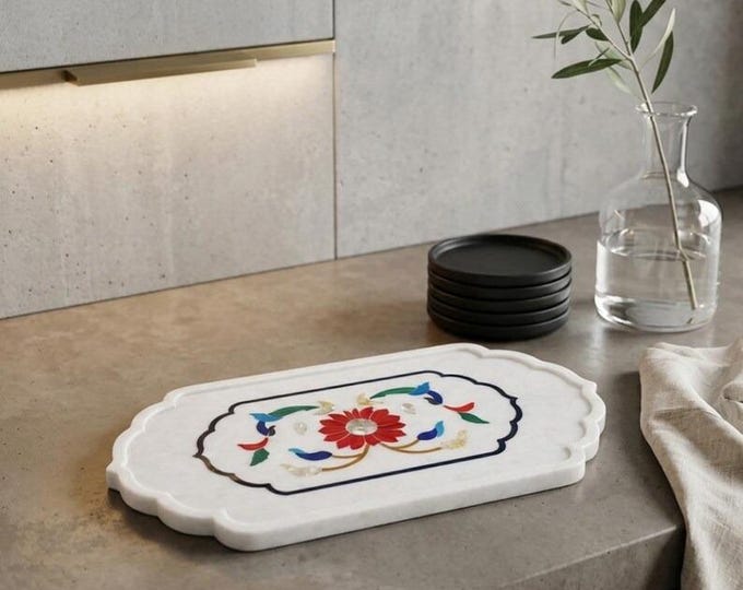 Marble Inlay Tray | Pietra Dura Floral White Marble Decor