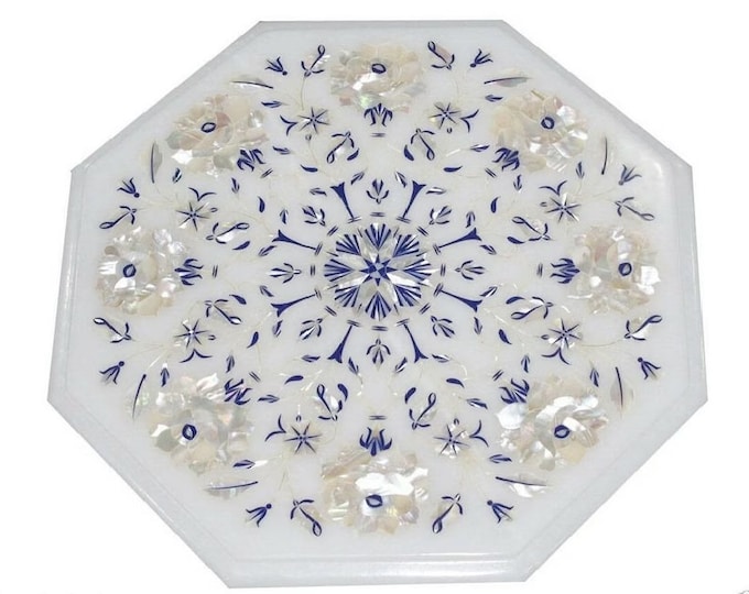 Marble Sofa Side Table Top Mother of Pearl and Lapis Lazuli Semi Precious Stones Handicraft Inlay Work Home Room Decor