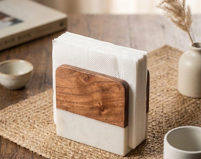 Wood and Marble Napkin Holder, Wooden Marble Table Decor
