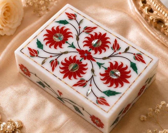 Handmade Marble Jewelry Box: Pietra Dura Inlay Art Home Decor