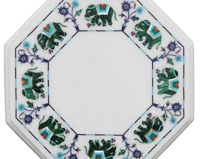12" Marble Side Table Handmade Top Semi Precious Stone Inlay Floral Marquetry Art Home Decor