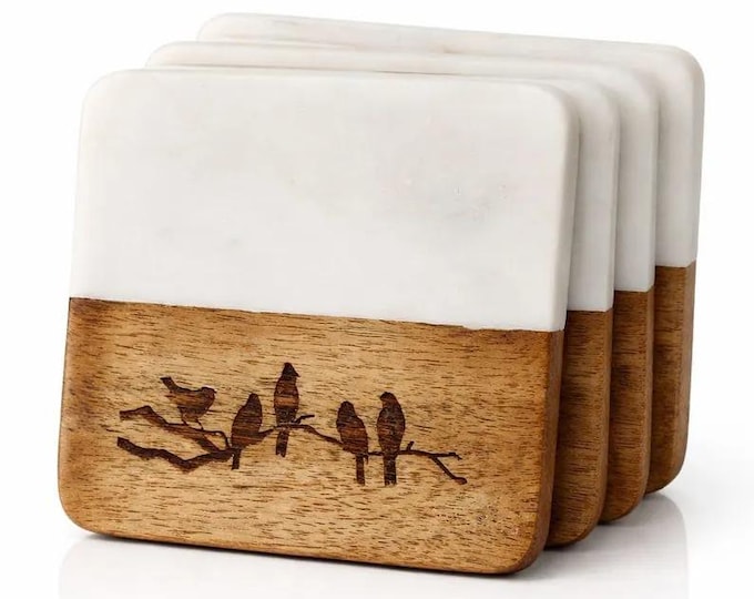 Marble & Wood Coasters Set | Bird Engraved Coasters