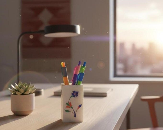 Marble Pen Holder with Floral Inlay – Minimalist Desk Organizer