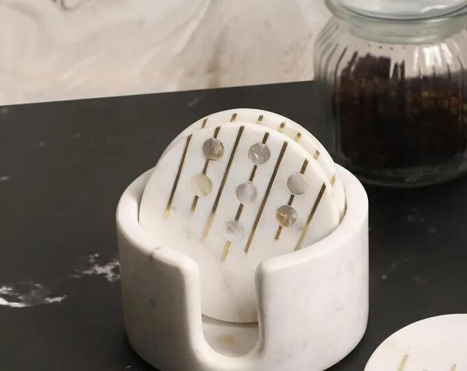 White Marble Coaster Set | Handcrafted Stone Coasters with Holder