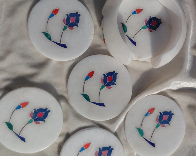 Handmade White Marble Coasters with Inlay Floral Art