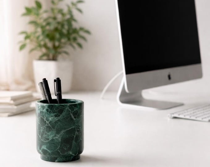 Minimalist Workspace with Green Marble Pen Holder