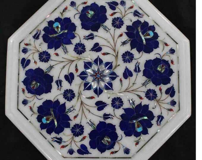 Marble Coffee Table Top Handmade Semi Precious Stone Lapis Lazuli Inlay Pietra Dura Work Art Deco Home Furniture