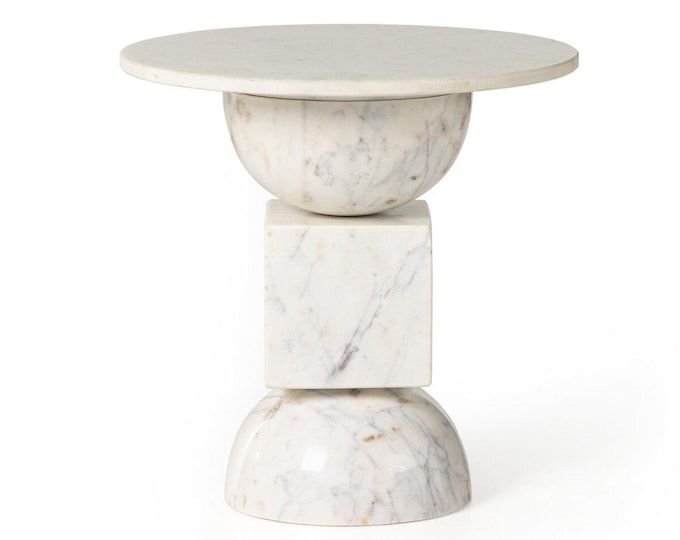 Contemporary Marble Accent Table – Sphere and Cube Form Design