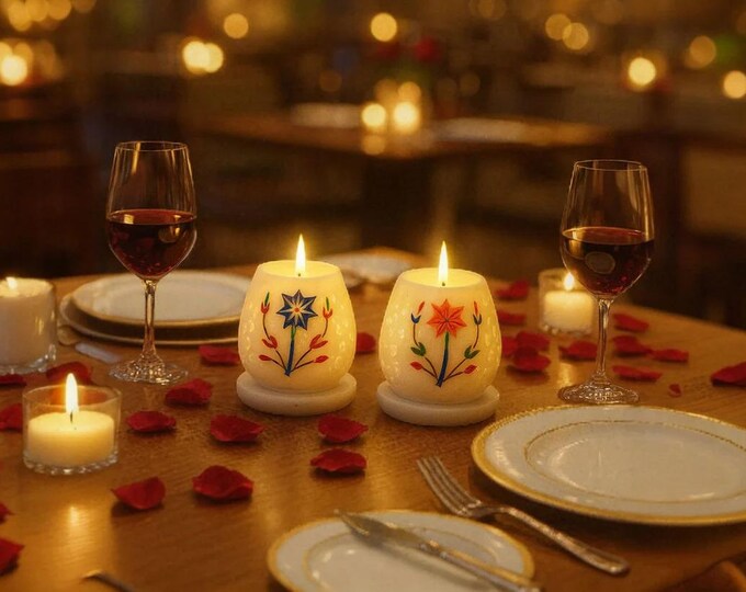 Indian Marble Inlay Candle Diffuser Set - Handmade Floral Pietra Dura Art