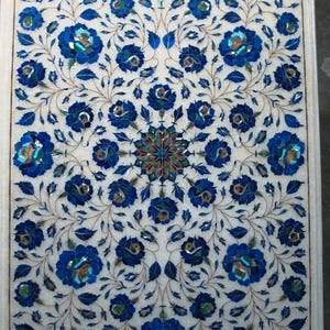 Handmade White Marble Table Top: Lapis Lazuli Floral Inlay Art