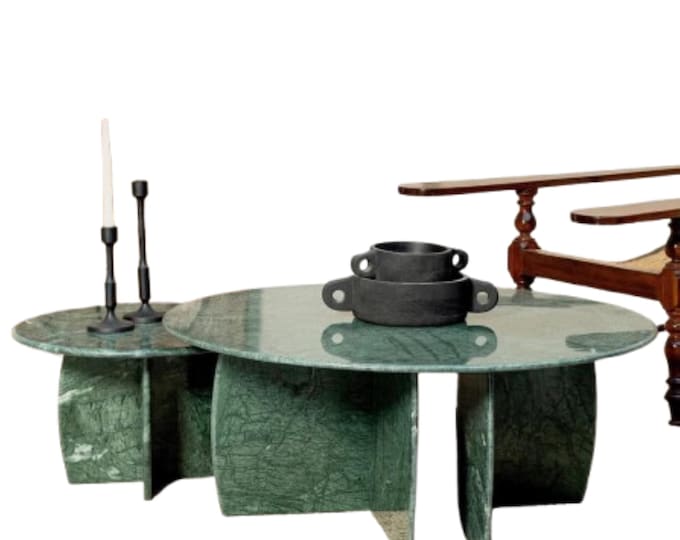 Custom Round Green Marble Coffee Table: Vintage Nesting Style