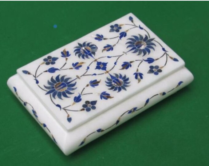 Jewelry Box Italian Marble Lapis Marquetry Semi Precious Stone Inlay Handmade Gift