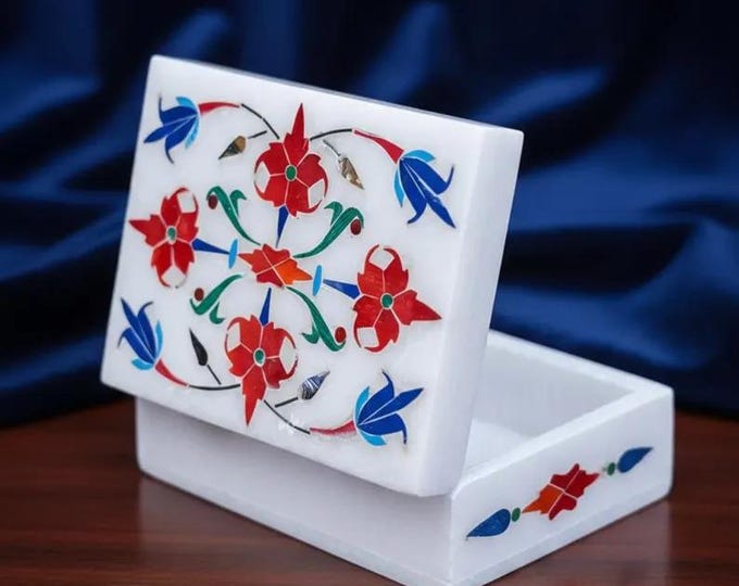 Handmade Marble Inlay Jewelry Box | Red Floral Pietra Dura Trinket Box