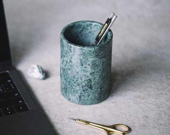 Green Marble Pen Holder, Stone Desk Organizer