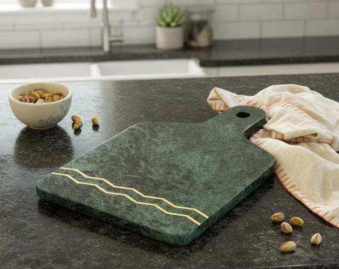 Green Marble Cutting Board with Gold Inlay – Luxury Stone Serving Board