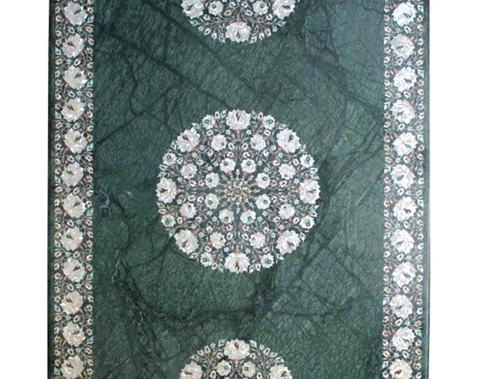 Green Marble Floral Inlay Table Top, Handmade Marble Pietra Dura Art