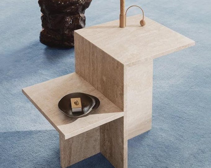 Travertine Side Table, Minimalist Stone End Table
