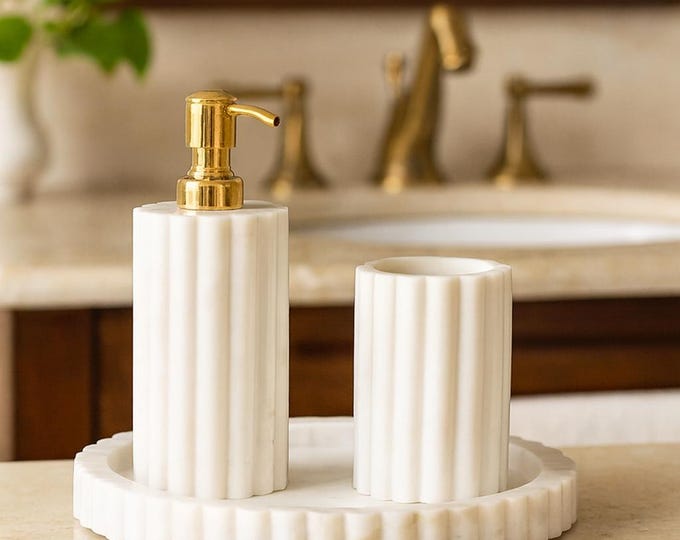 White Marble Bathroom Accessory Set with Gold Pump and Tray